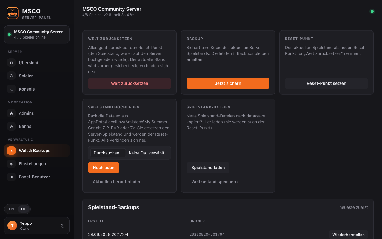Welt zurücksetzen, Backups, Reset-Punkt und Spielstand-Upload
